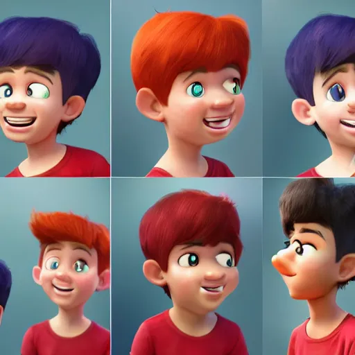 Image similar to A set of 10 images, showing a different emotion in each image, of new cartoon character of a boy in the mix of disney and pixar style, name of the character is chad, 8k, insane details, ultra realistic, octane render, photorealistic, hyperrealism