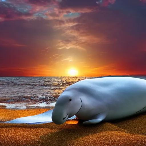 Image similar to a cute beluga on a beach, sun bathing, golden hour, vivid color, hyper realistic photograph