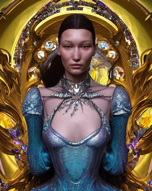 Image similar to a highly detailed metahuman 8 k close up render of bella hadid as alice in wonderland renaissance in iris van herpen dress schiaparelli in diamonds crystals swarovski and jewelry iridescent in style of alphonse mucha gustav klimt trending on artstation made in unreal engine 4