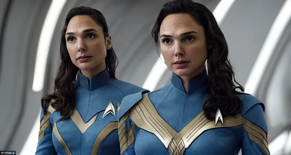 Image similar to Gal Gadot, in full starfleet uniform, is the captain of the starship Enterprise in the new Star Trek movie