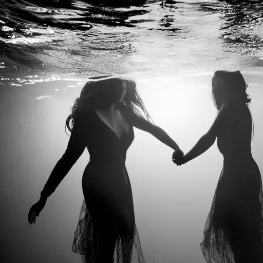 Image similar to award winning photograph of two women holding hands under water, volumetric lighting, flowing hair and dresses,