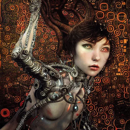 Image similar to horned cybernetic demon lovers trapped in circuitry, intricate detail, klimt, royo, whealan,