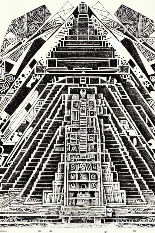 Image similar to a black and white drawing of a mayan temple, a detailed mixed media collage by hiroki tsukuda and eduardo paolozzi and moebius, intricate linework, sketchbook psychedelic doodle comic drawing, geometric, street art, polycount, deconstructivism, matte drawing, academic art, constructivism