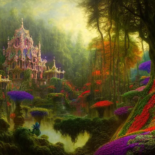 Prompt: a beautiful and highly detailed matte painting of a beautiful dream palace in a magical fantasy forest garden, colorful flowers, psychedelic, epic scale, insanely complex, hyperdetailed, sharp focus, hyperrealism, artstation, cgsociety, 8 k, bright colors, by caspar friedrich, albert bierstadt, james gurney, brian froud,