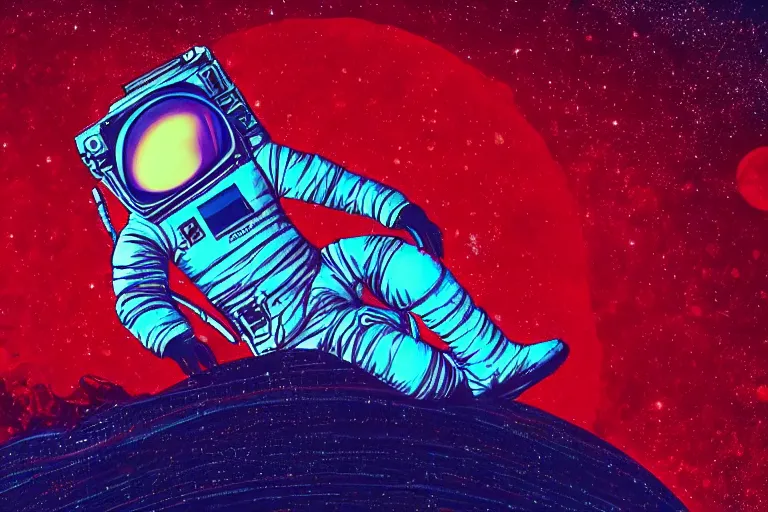 Image similar to an astronaut laying on mars in the style of flooko, acrylic art, detailed, moonlight, red lighting, bokeh, synthwave, psychedelic, glitch, neon,