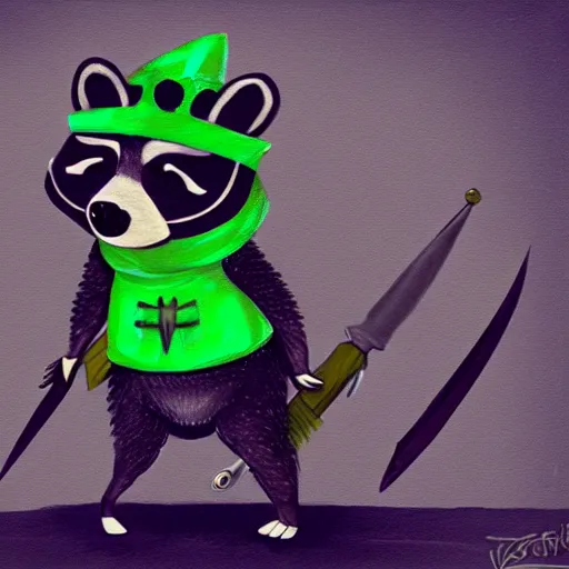 Image similar to a raccoon in a green rouge outfit with a dagger, trending on art station