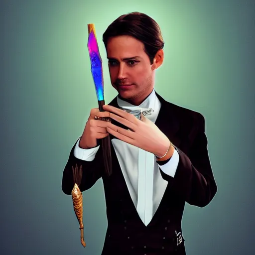 Prompt: portrait of beautiful and tired magician wearing a business suit and holding a wand, trending on artstation, award-winning iridescent art