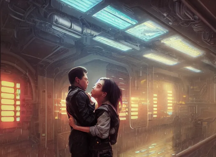 Image similar to ultra realistic medium shot of a couple of cyborgs kissing, lovers, cyberpunk, sci - fi, kodak, colour led, soft light, volumetric lighting, fog, rays, night, rain, metro station, intricate detailed, digital painting, concept art, smooth, sharp focus, illustration, art by artgerm and greg rutkowski and alphonse mucha