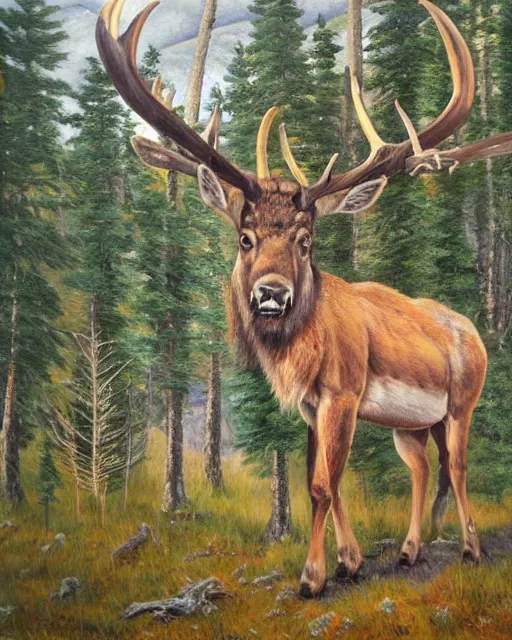 Image similar to altai wapiti with large horns in the altai forest, detailed oil painting