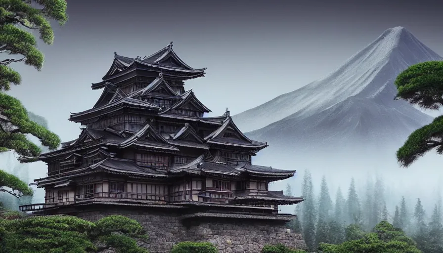 Image similar to A highly detailed matte painting of a large japanese castle, dark and wooden, in the mountains with volumetric fog, with matsu pine trees, by Studio Ghibli, Makoto Shinkai, by Artgerm, by beeple, volumetric lighting, octane render, 4K resolution, trending on artstation