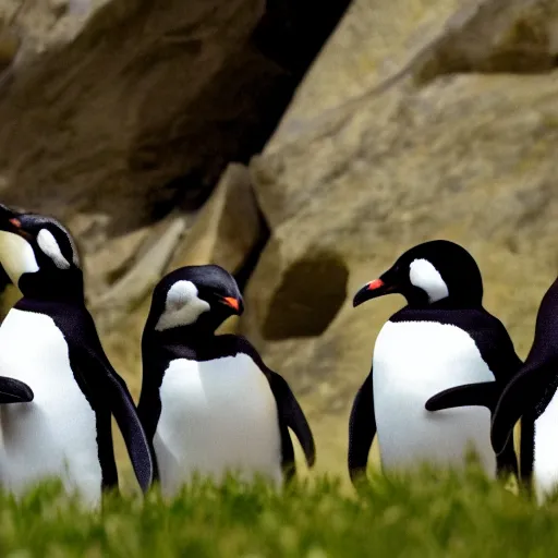 Prompt: cybernetically enhanced penguins menacing the rich people, photo, detailed, 4k