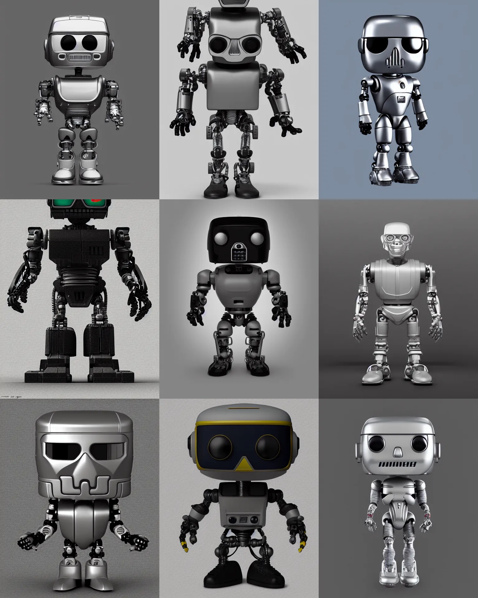 Prompt: full body 3 d render of portrait isometric drawing terminator robot as a funko pop!, studio lighting, grey background, single body, no shadow, blender, trending on artstation, 8 k, highly detailed