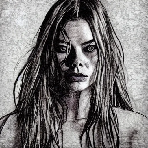 Image similar to grunge drawing of margot robbie in the style of the grudge