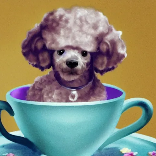 Image similar to very realistic cute poodle sitting inside a tea cup