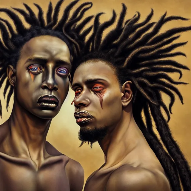 Image similar to hyperrealistic hyper detailed neo - surreal 8 5 mm portrait of two black goth male wikiing's with dreadlocks matte painting concept art hannah yata dali very dramatic soft light low side angle shot hd 8 k sharp shallow depth of field