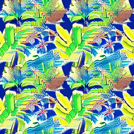 Prompt: a seamless repeating pattern of a maximalist tropical cityscape by mizaki