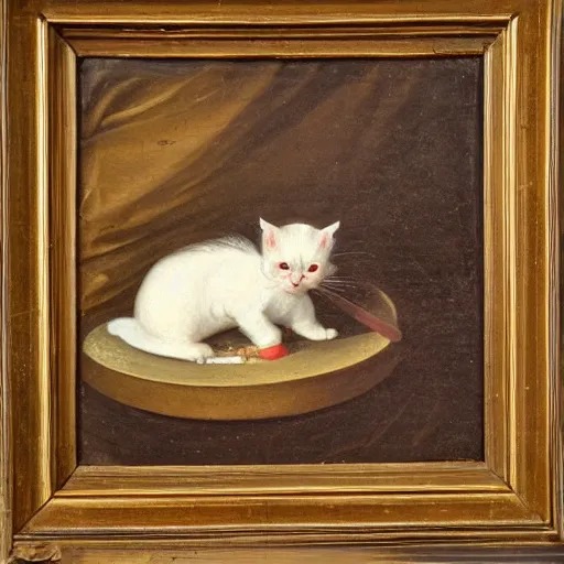 Image similar to an eighteenth century highly detailed oil painting of a kitten wearing a chef's outfit