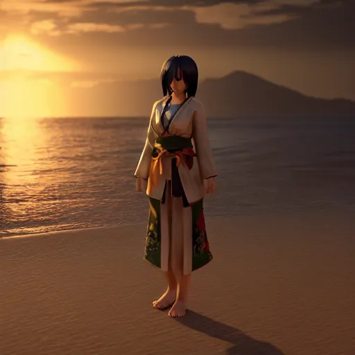 Image similar to Render of a Ryougi Shiki, full round face, golden hour, serene beach setting, medium shot, mid-shot, highly detailed, trending on Artstation, Unreal Engine 4k