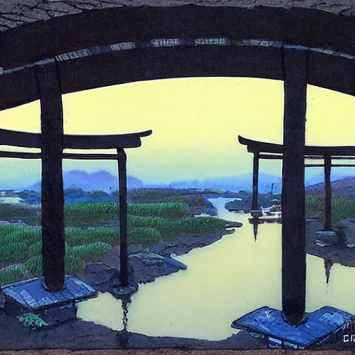 Prompt: a japanese landscape filled with torii arches, dawn, by enki bilal