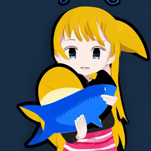 Image similar to a blonde-girl-in-a-black-hoodie holding a blue-shark-plush, anime style