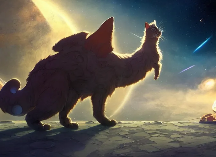 Image similar to a space cat staring role in a musical sci - fi space opera ghibli animated film, volumetric lighting, octane render by stanley artgerm lau, greg rutkowski, thomas kindkade, alphonse mucha, loish, norman rockwel,