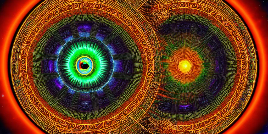 Prompt: dmt visions, eye of horace, sacred geometry, time elves, psychedelic architecture, soul frequency, 8 k resolution, highly detailed,