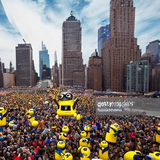 Image similar to news photo of giant minion parade floats in the sky in new york city, detailed 4 k photo