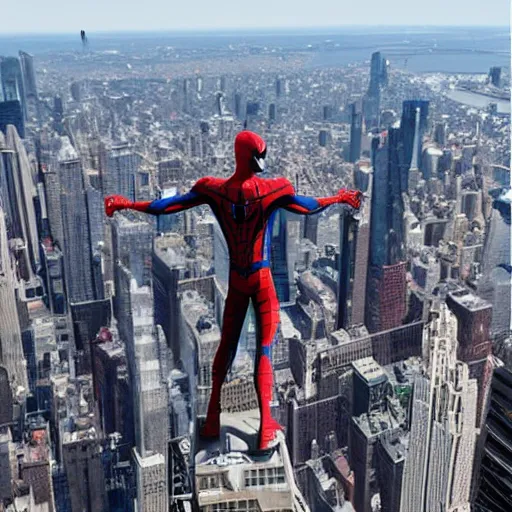 Image similar to marvel spider - man from back standing on top of the empire state building