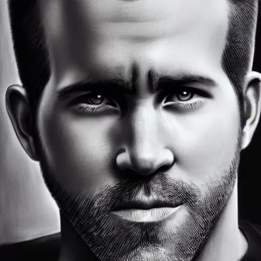 Image similar to photorealistic up close hand drawing of ryan reynolds face, oil painting, photorealism, photorealistic, hand drawn, black and white, hyper detailed, ultra detailed, detailed, realism, realistic, 8 k, upclose, up - close