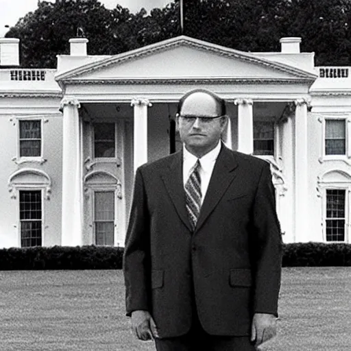 Prompt: president george costanza stands in front of the white house