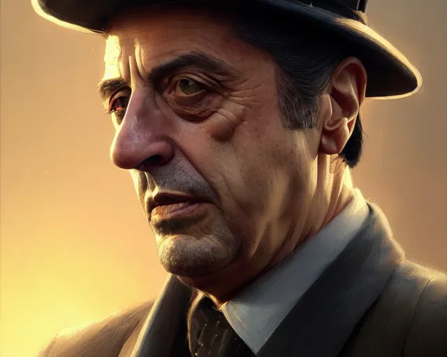 Image similar to highly detailed portrait of al pacino as vito scaletta, in mafia 2, stephen bliss, unreal engine, fantasy art by greg rutkowski, loish, rhads, ferdinand knab, makoto shinkai and lois van baarle, ilya kuvshinov, rossdraws, tom bagshaw, global illumination, radiant light, detailed and intricate environment