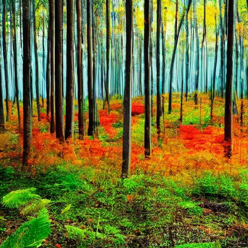 Image similar to A forest landscape with different hues of blue and green and orange