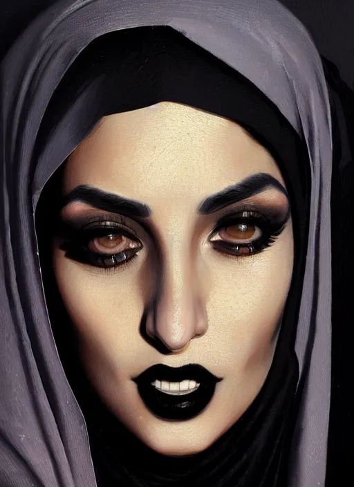 Image similar to portrait of an arab woman with a crooked nose and a confident expression, 1 9 6 0 s, black clothes, goth, punk, funk, intricate, elegant, highly detailed, digital painting, artstation, concept art, smooth, sharp focus, illustration, art by wlop, mars ravelo and greg rutkowski