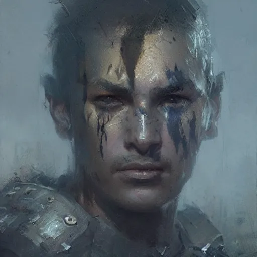 Image similar to Portrait painting of a warrior by greg rutkowski and Craig Mullins, Dark atmospheric and cinematic lighting