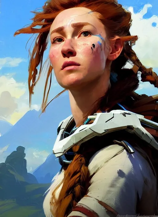 Prompt: portrait of a caucasian Aloy from Horizon Zero Dawn in the style of Apex Legends practicing, countryside, calm, fantasy character portrait, dynamic pose, above view, sunny day, clouds in the sky, artwork by Jeremy Lipkin and Giuseppe Dangelico Pino and Michael Garmash and Rob Rey and Greg Manchess, very coherent asymmetrical artwork, sharp edges, perfect face, simple form, 100mm