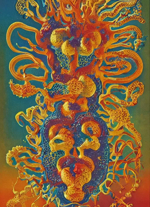 Prompt: vintage cereal box art, colorful chromatic abberation, double exposure photo from the 7 0 s, all of the world's brain knowledge in one brain, by ernst haeckel, by chaim soutine