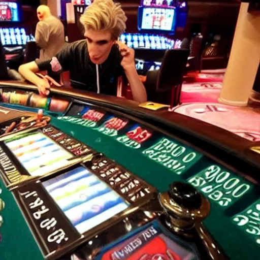 Prompt: xqc crying at the roulette table after losing all his money