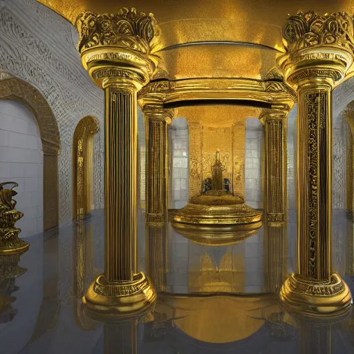 Prompt: interior of a golden palace in a water realm with water flowing through the walls everywhere, ultra detailed, hyperrealistic, 8k hd artwork, featured on artstation, cinema 4d, octane render, cinematic, cinematic lighting,