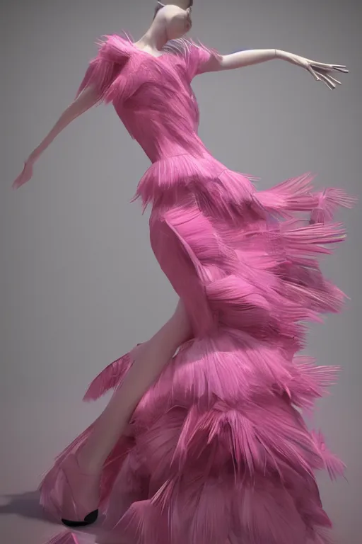 Image similar to a woman in a pink dress and pink shoes, a haute couture marble sculpture by alexander mcqueen, cg society contest winner, vorticism, daz 3 d, made of feathers, feminine