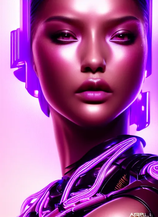 Prompt: portrait of cybernetic warrior, intricate, ultra violet highlights, neon, brown skin, sharp focus, octane render, detailed, beautiful, unreal engine, symmetrical!!, loreal, maybelline, sephora, loreal, artstation, art by karol bak, art by artgerm, rossdraws, cinematic, concept art, filmic, vsco