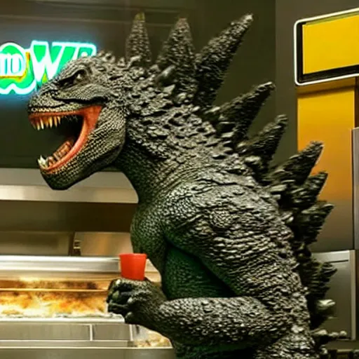 Image similar to Godzilla working at a Subway restaurant, realistic, ultra high detail.