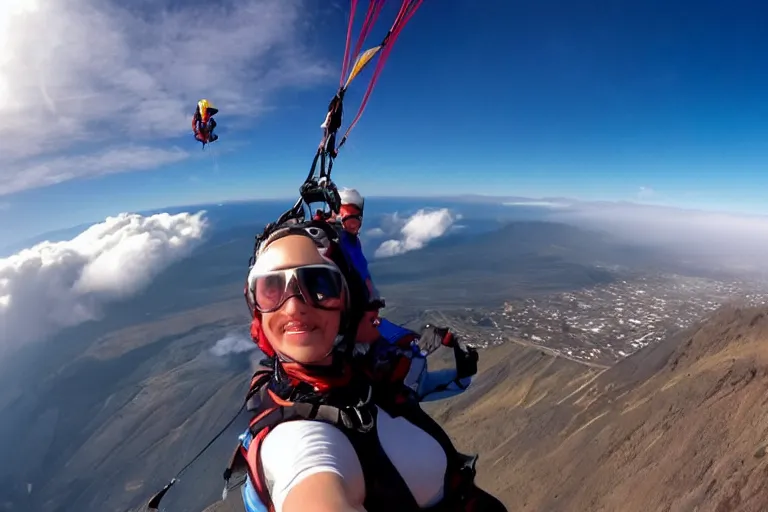 Image similar to Cinematography selfie gopro shot of a woman in a paraglide in Tenerife over the clouds a by Emmanuel Lubezky. Teide. Mar de nubes. Aerial