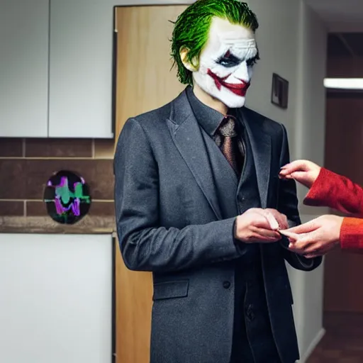 Image similar to “ photograph of the joker purchasing a house ”