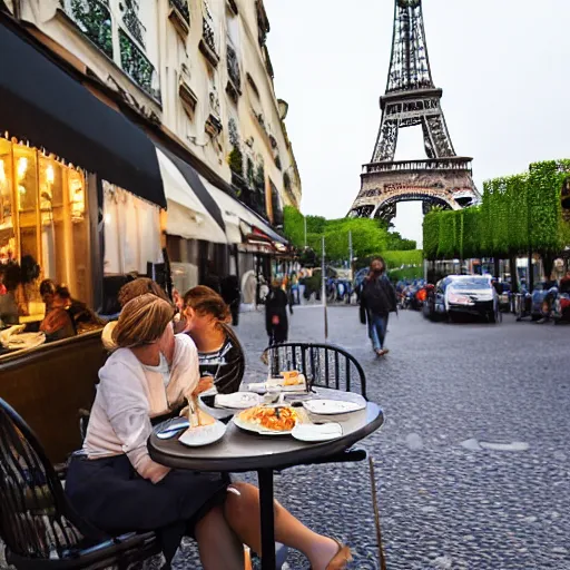 Image similar to two guinea pigs having dinner outside a cafe in Paris in the evening, the eiffel tower is visible in the background