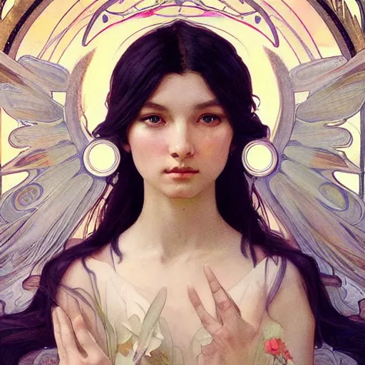Image similar to a beautiful painting of a beautiful angel by ross tran!! and alphonse mucha and greg rutkowski! and gustav dore! and artgerm!!, in style of digital art illustration. symmetry. highly detailed face. fantasy, smooth, hyper detailed, sharp focus, soft light. trending on artstation. 4 k