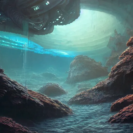 Prompt: a stunning painting of alien underwater landscape of lush flora, remnants of old spaceship, sea creatures emerging, morning, by Giger and Ralph McQuarrie and Bruce Pennington, cinematic lighting, hyper realism, high detail, octane render, 8k, iridescent accents