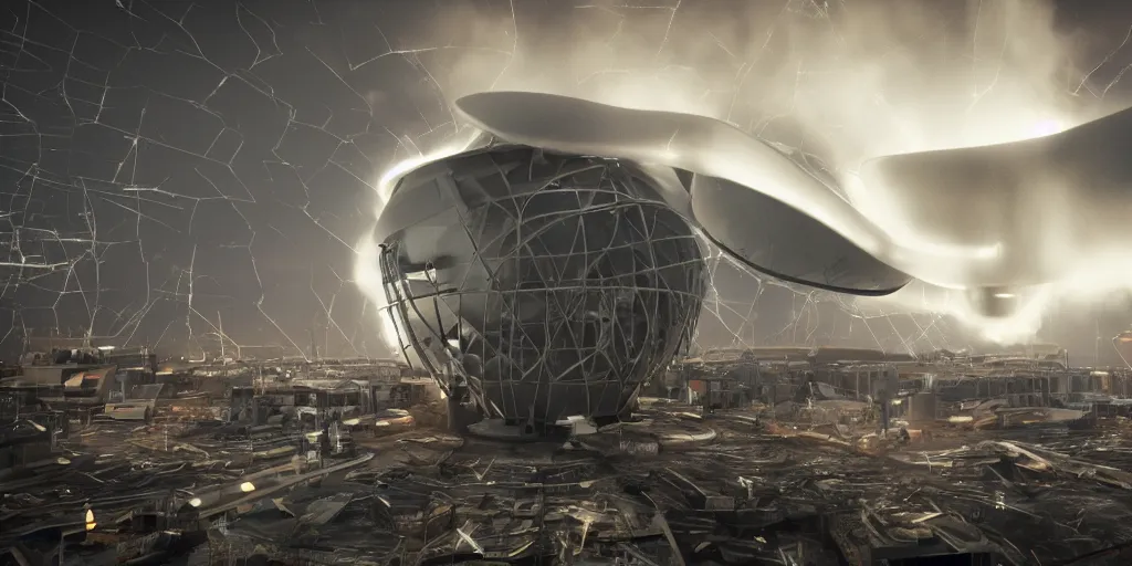 Prompt: massive awesome spinning electrical tesla turbine generator spinning fast in an apocalyptic megastructure, gigawatt electrical sparks, octane render, smoke, debris, dust