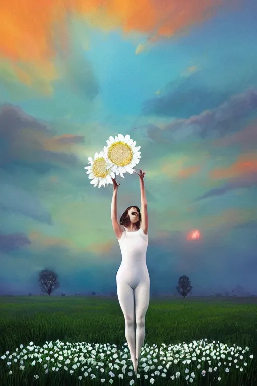 Image similar to giant white daisy flower as head, girl ballet dancing in a flower field, surreal photography, sunrise, dramatic light, impressionist painting, colorful clouds, digital painting, artstation, simon stalenhag