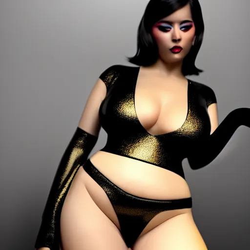 Image similar to a feminine curvy young hot demoness wearing a modest regal black-gold latex-nylon outfit, dark eyeshadow, eyelashes, cgsociety, photorealistic, sublime-hyperadvanced-seductive ambience, 16k, smooth, sharp focus, trending on ArtStation, volumetric lighting, fully clothed, thin waist