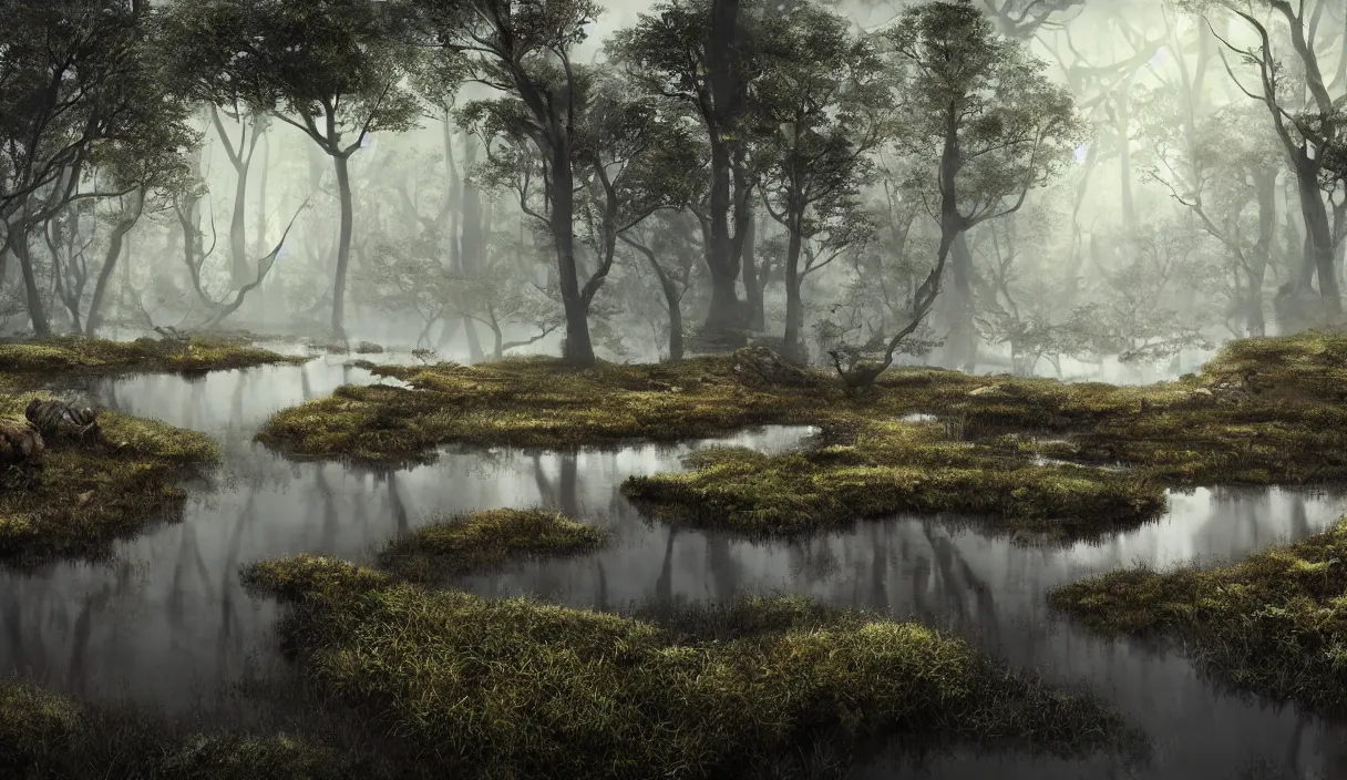 Image similar to realistic bubbling peat bog from which grow lush carnivorous plants, murky water, reflections, contrasting light, attention to detail, dark and dramatic atmosphere, volumetric fog, raytracing, back light, raymarching, by ilm, by digital domain, by weta digital